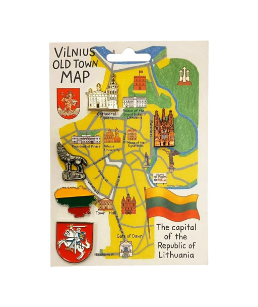 Ženkliukų rinkinys su Vilniaus senamiesčio žemėlapio atvirute